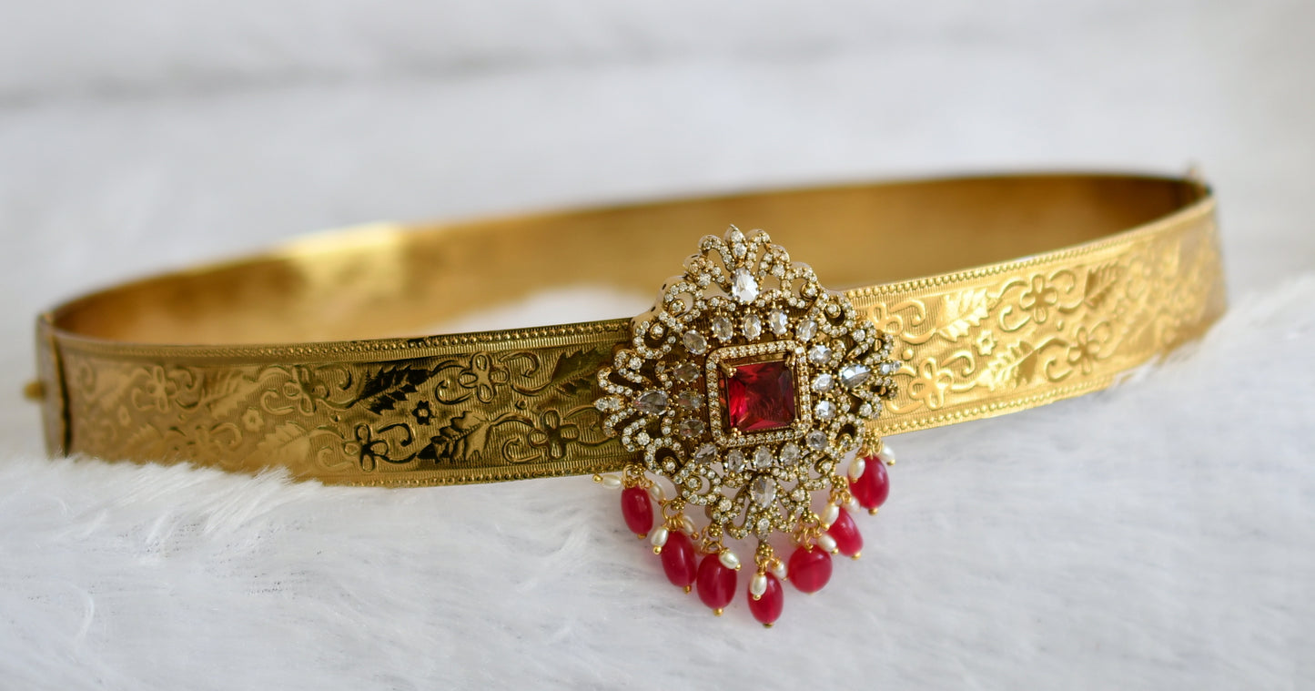 Antique gold tone cz magenta pink block stone pink beaded waist band dj-49242