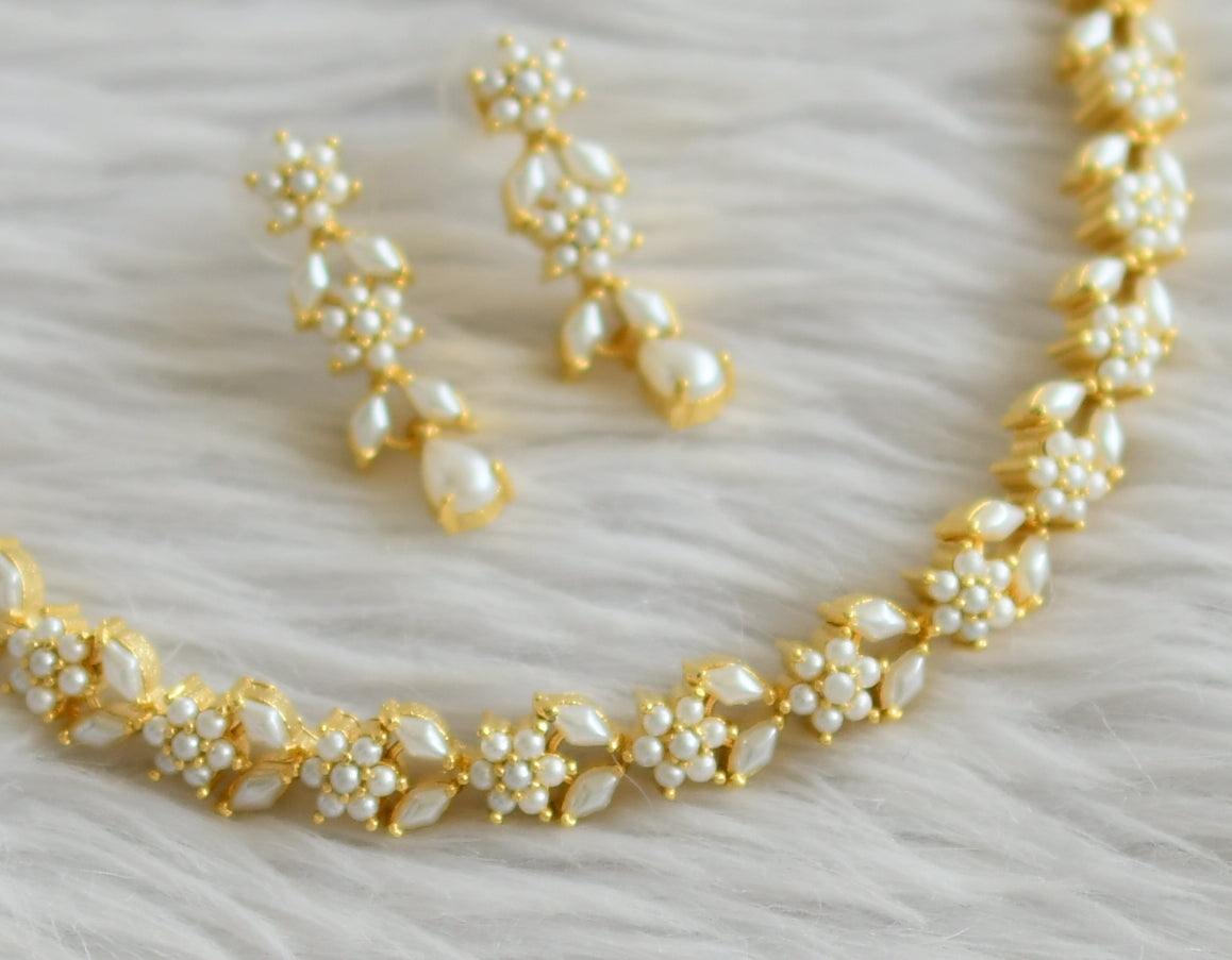 Gold tone pearl stone flower necklace set dj-45750