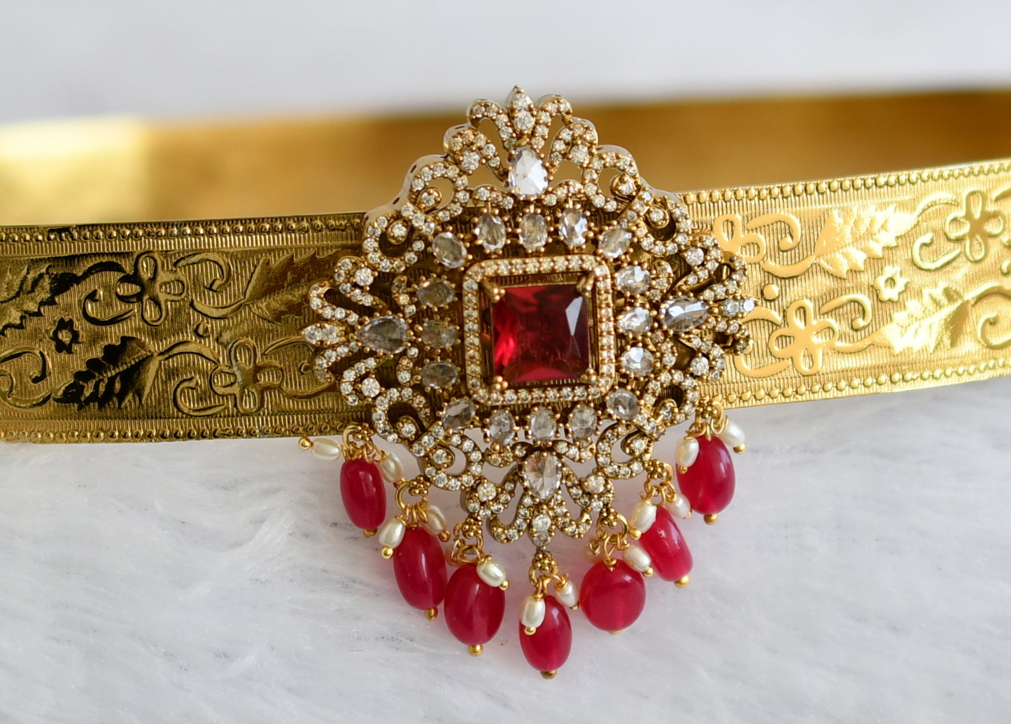 Antique gold tone cz magenta pink block stone pink beaded waist band dj-49242