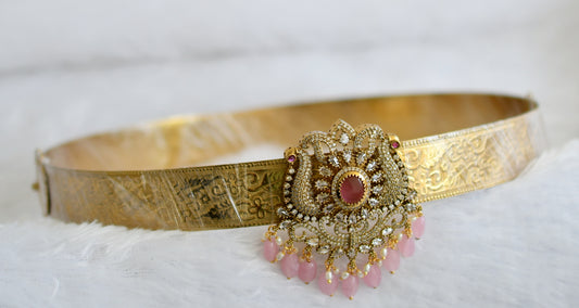 Antique gold tone cz baby pink beaded peacock waist band dj-49251