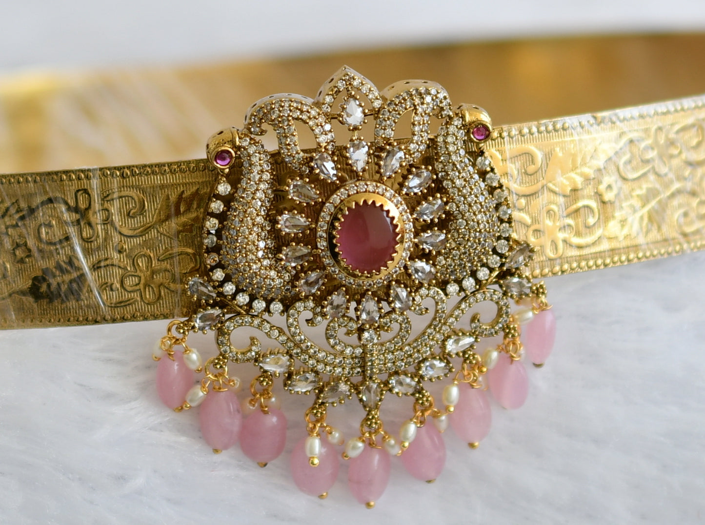 Antique gold tone cz baby pink beaded peacock waist band dj-49251