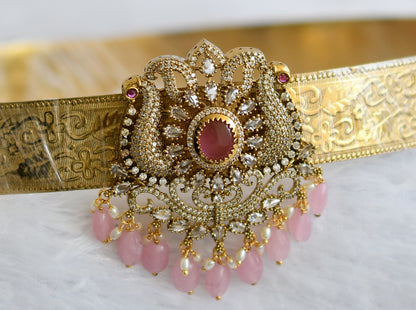 Antique gold tone cz baby pink beaded peacock waist band dj-49251