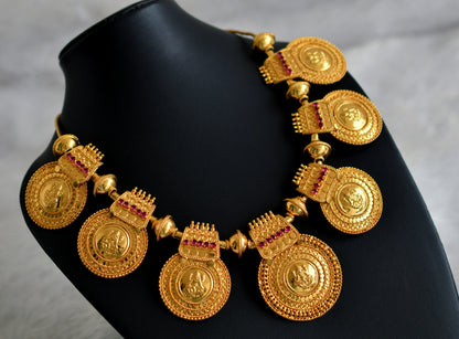 Gold tone kerala style pink stone round lakshmi pendant big necklace dj-47443