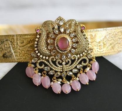 Antique gold tone cz baby pink beaded peacock waist band dj-49251