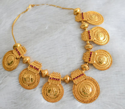 Gold tone kerala style pink stone round lakshmi pendant big necklace dj-47443