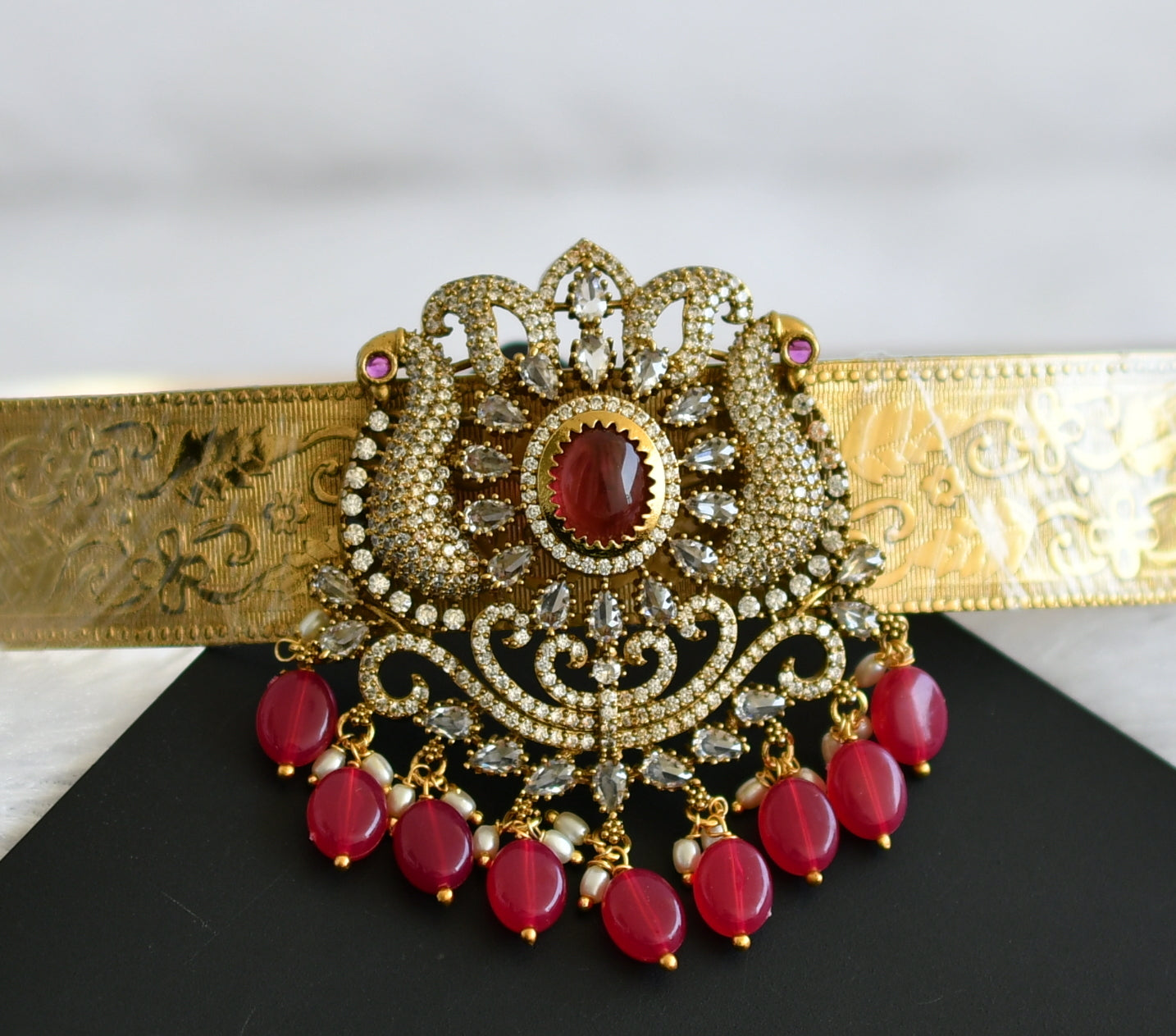 Antique gold tone cz magenta pink stone pink beaded peacock waist band dj-49250