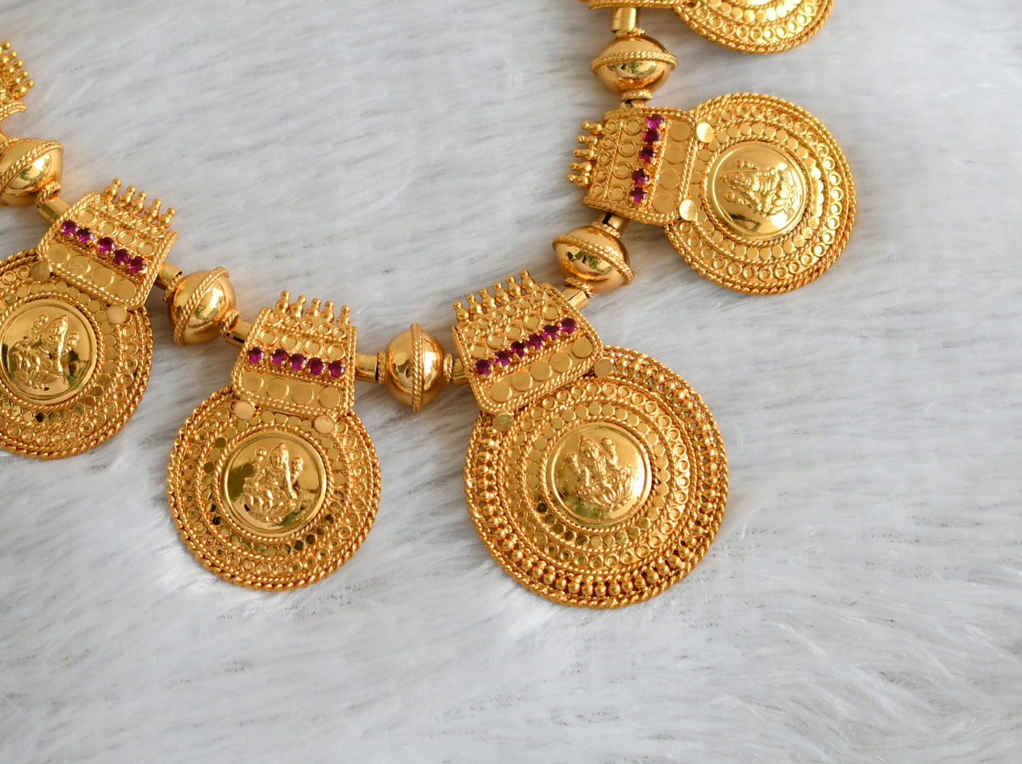 Gold tone kerala style pink stone round lakshmi pendant big necklace dj-47443