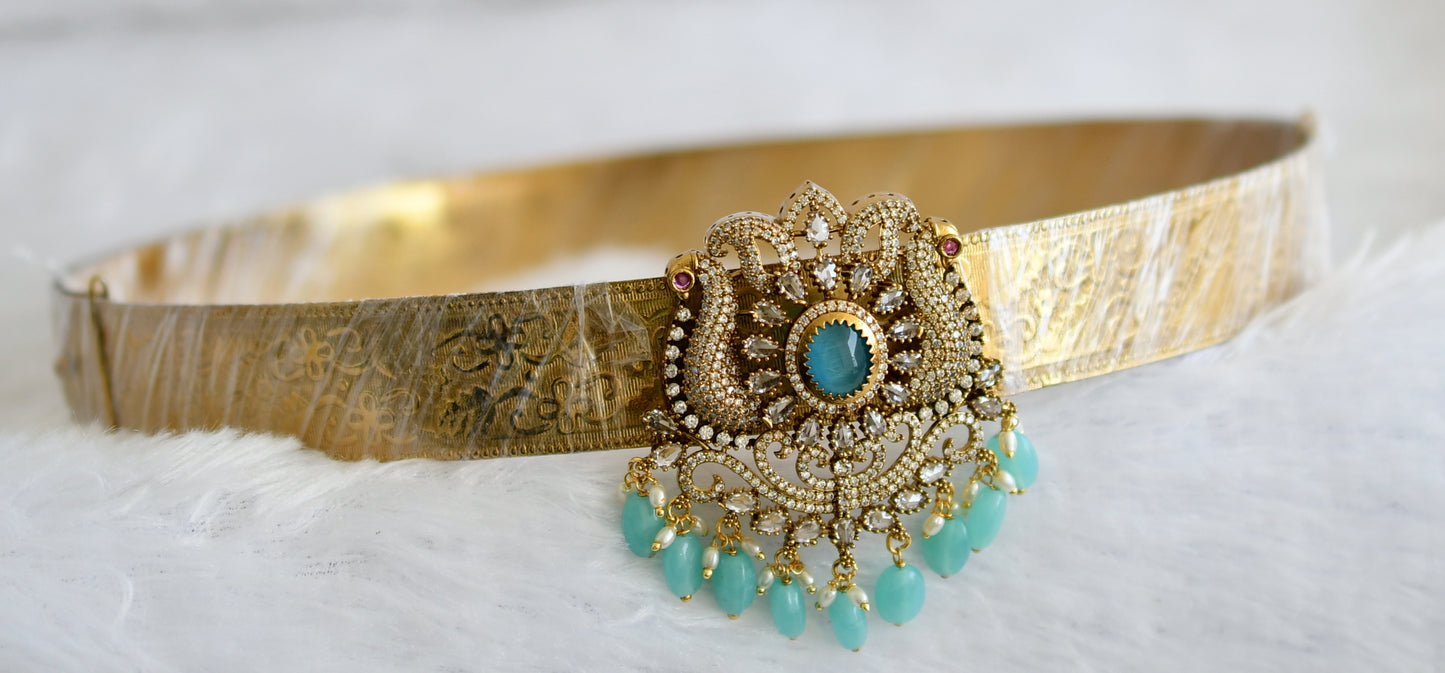 Antique gold tone cz blue stone sea green beaded peacock waist band dj-49249