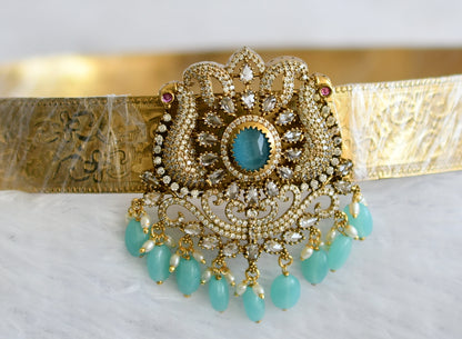 Antique gold tone cz blue stone sea green beaded peacock waist band dj-49249