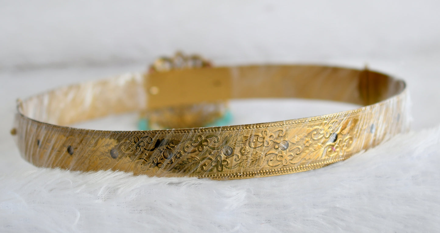 Antique gold tone cz blue stone sea green beaded peacock waist band dj-49249