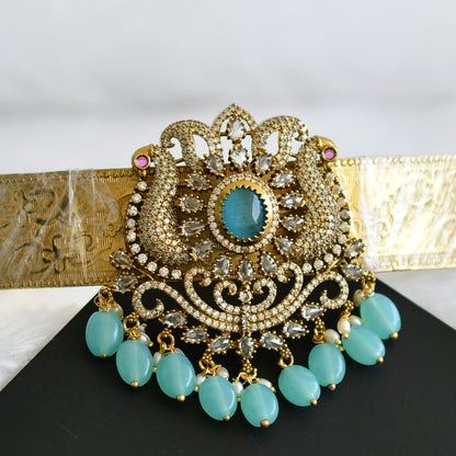 Antique gold tone cz blue stone sea green beaded peacock waist band dj-49249