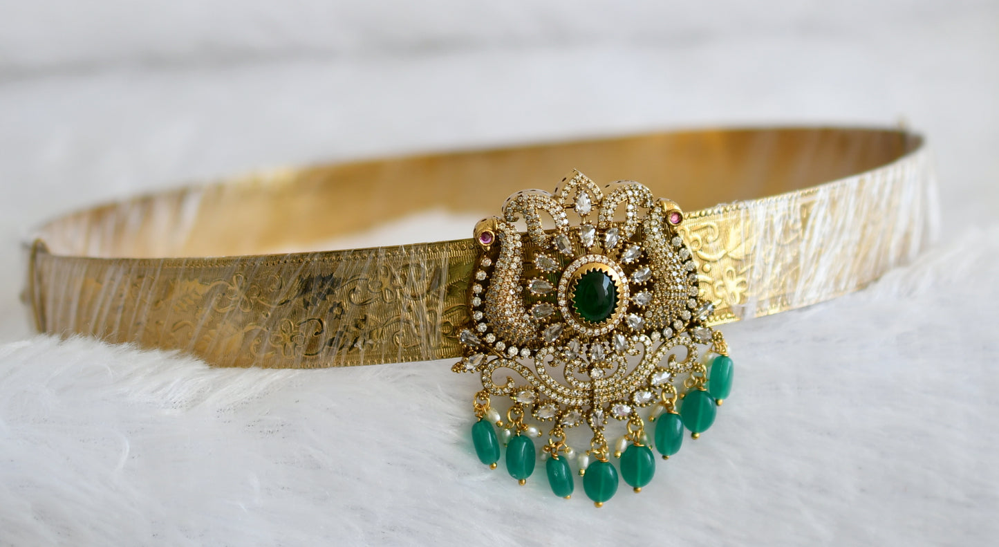 Antique gold tone cz green beaded peacock waist band dj-49248