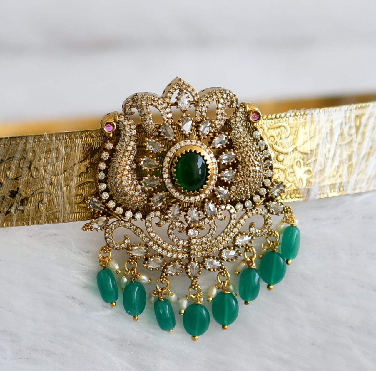 Antique gold tone cz green beaded peacock waist band dj-49248