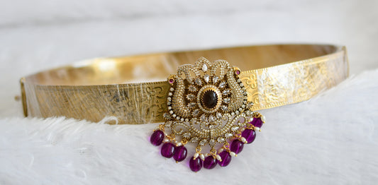 Antique gold tone cz purple beaded peacock waist band dj-49252