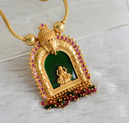 Gold tone kerala style ad pink-green beaded lakshmi ganesha kodi necklace dj-47438