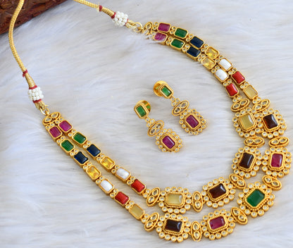 Matte finish Navarathna double layer necklace set dj-42704