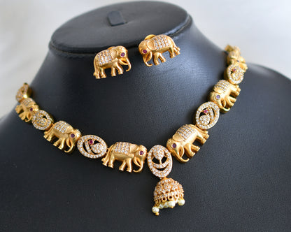 Matte finish ruby-white stone elephant necklace set dj-44032