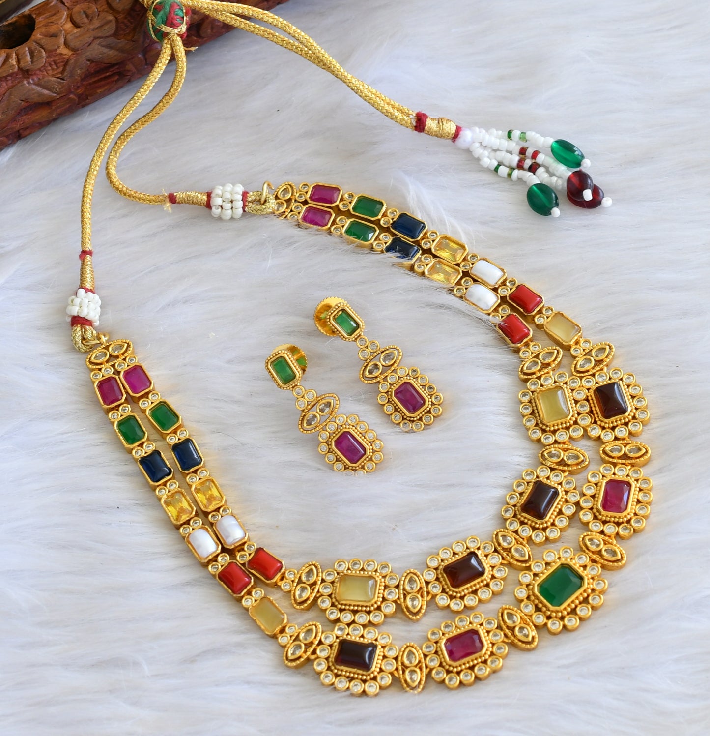 Matte finish Navarathna double layer necklace set dj-42704