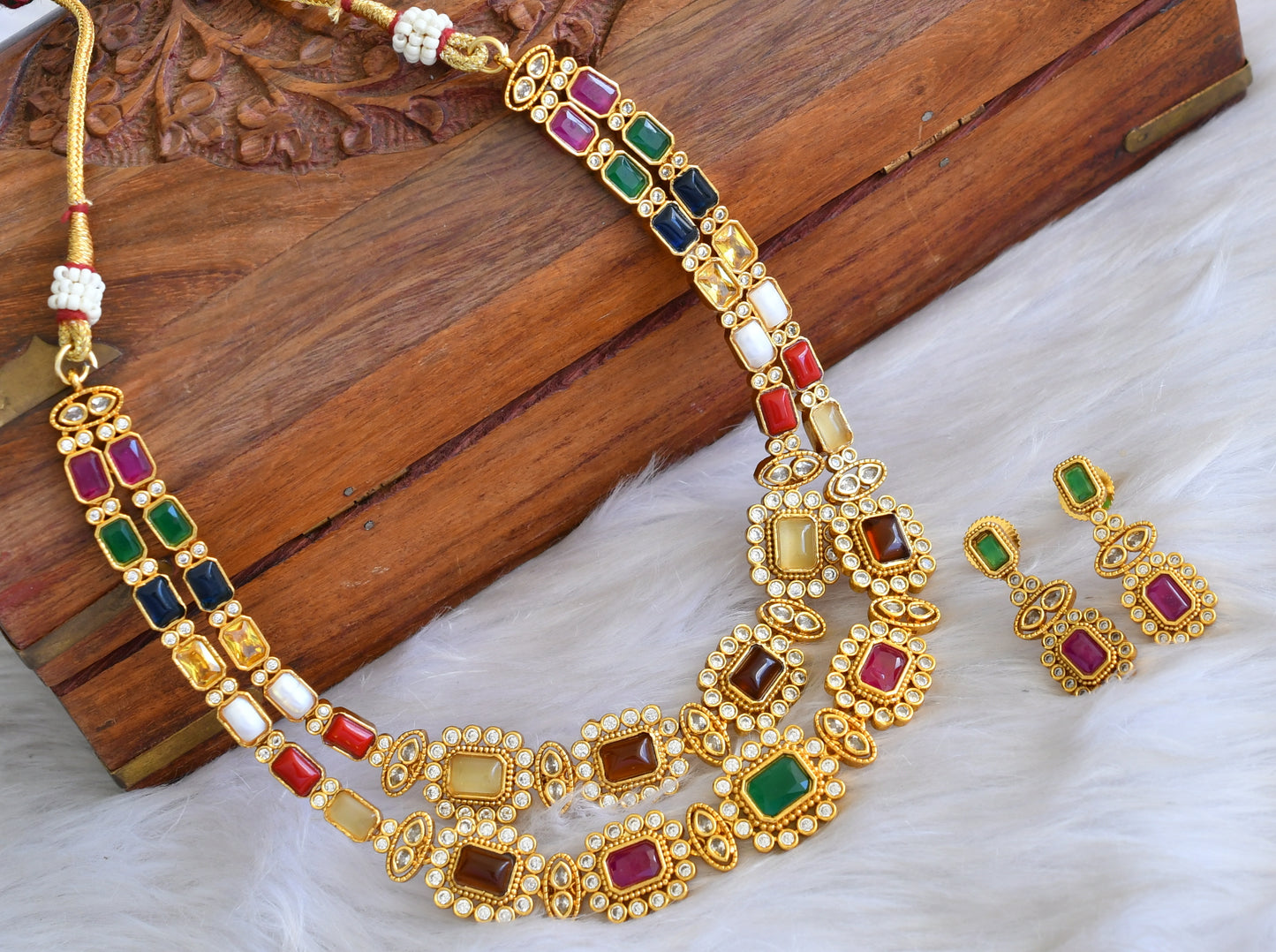 Matte finish Navarathna double layer necklace set dj-42704