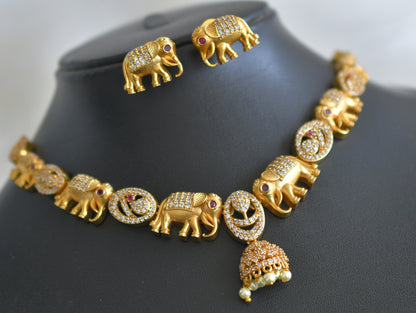 Matte finish ruby-white stone elephant necklace set dj-44032