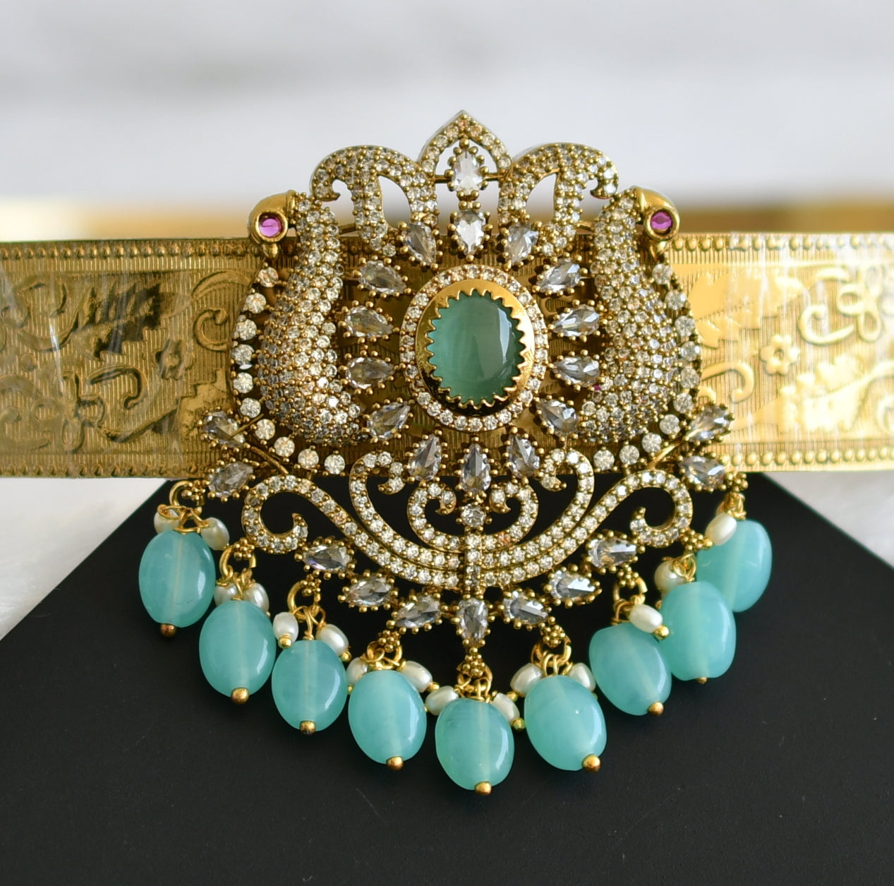 Antique gold tone cz sea green beaded peacock waist band dj-49247