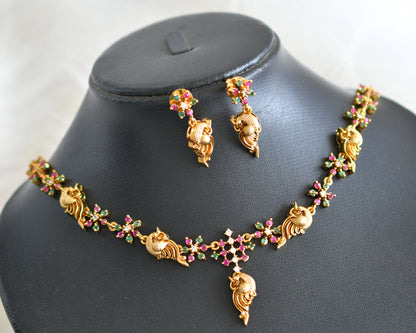 Matte finish ruby-green-white peacock nakshatra necklace set dj-44034