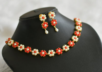 Gold tone coral-pearl stone flower necklace set dj-45754