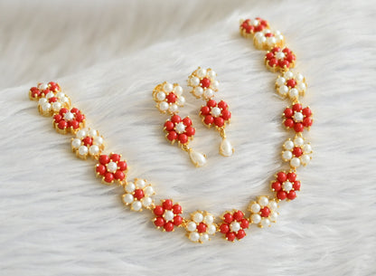 Gold tone coral-pearl stone flower necklace set dj-45754