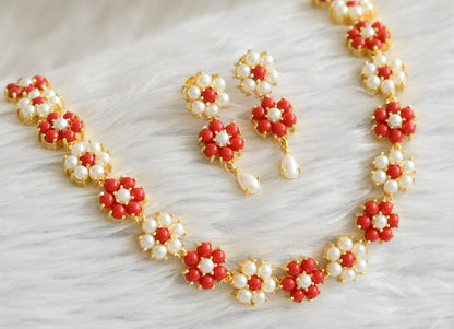 Gold tone coral-pearl stone flower necklace set dj-45754