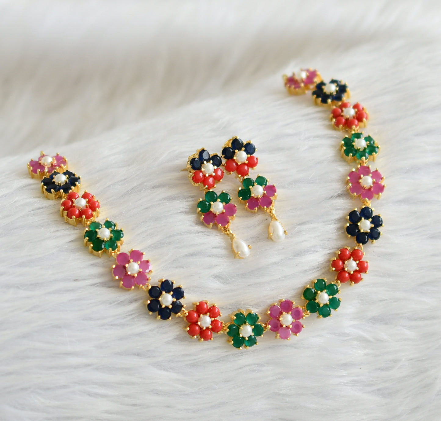 Gold tone coral-ruby-green-blue-pearl flower necklace set dj-45755