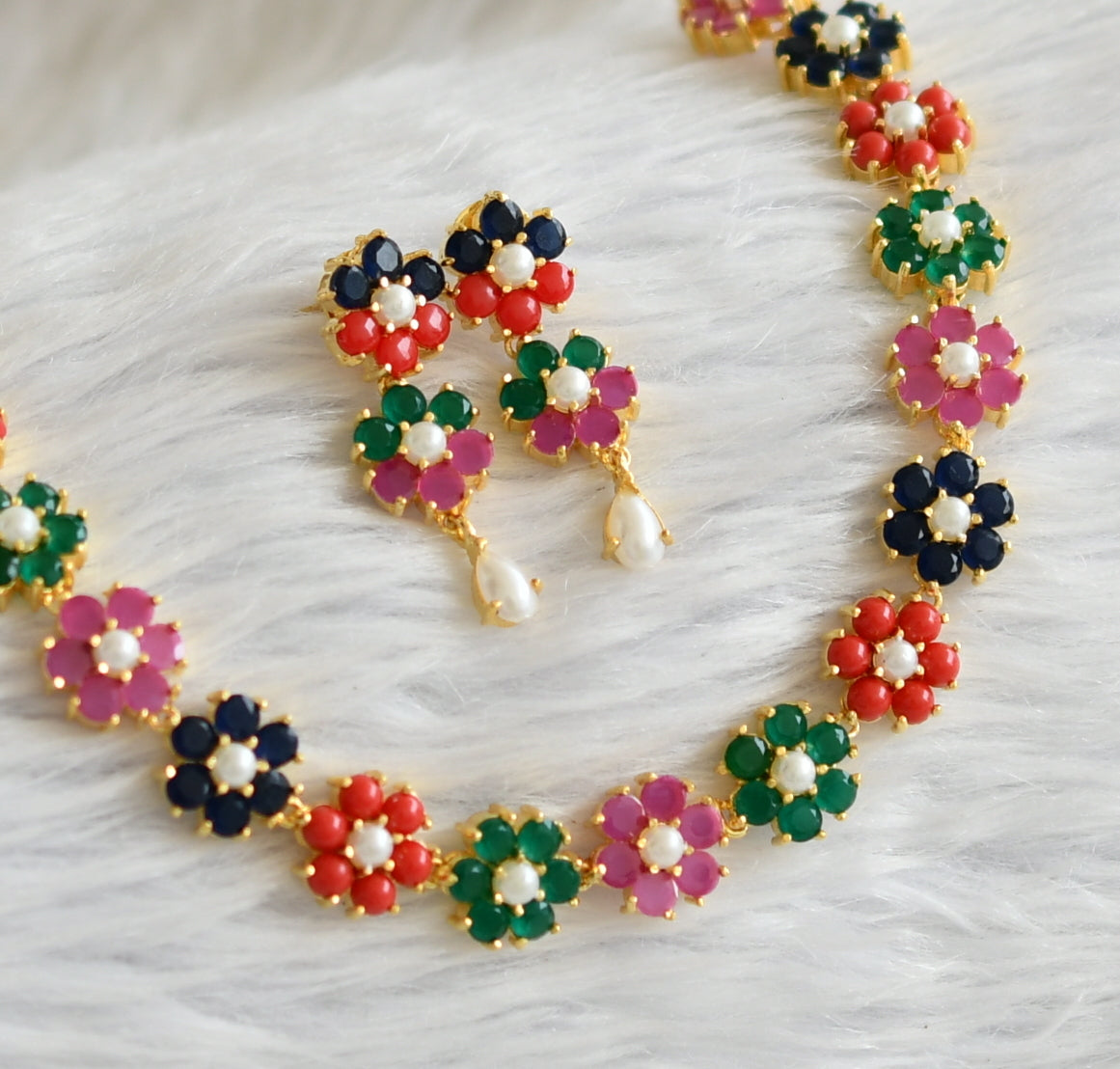 Gold tone coral-ruby-green-blue-pearl flower necklace set dj-45755