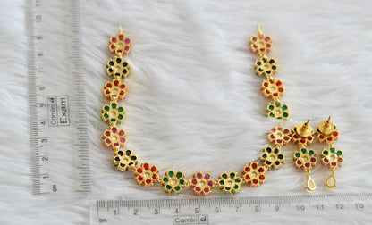 Gold tone coral-ruby-green-blue-pearl flower necklace set dj-45755