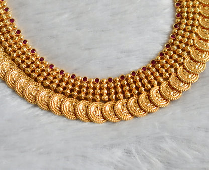 Gold tone ad pink kerala style lakshmi coin necklace dj-47452