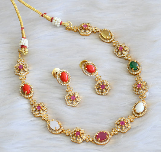 Matte finish Cz Navarathna flower necklace set dj-42714