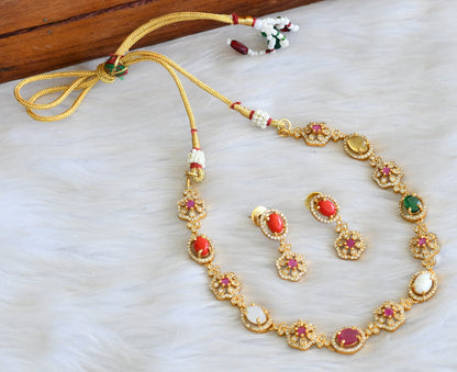 Matte finish Cz Navarathna flower necklace set dj-42714