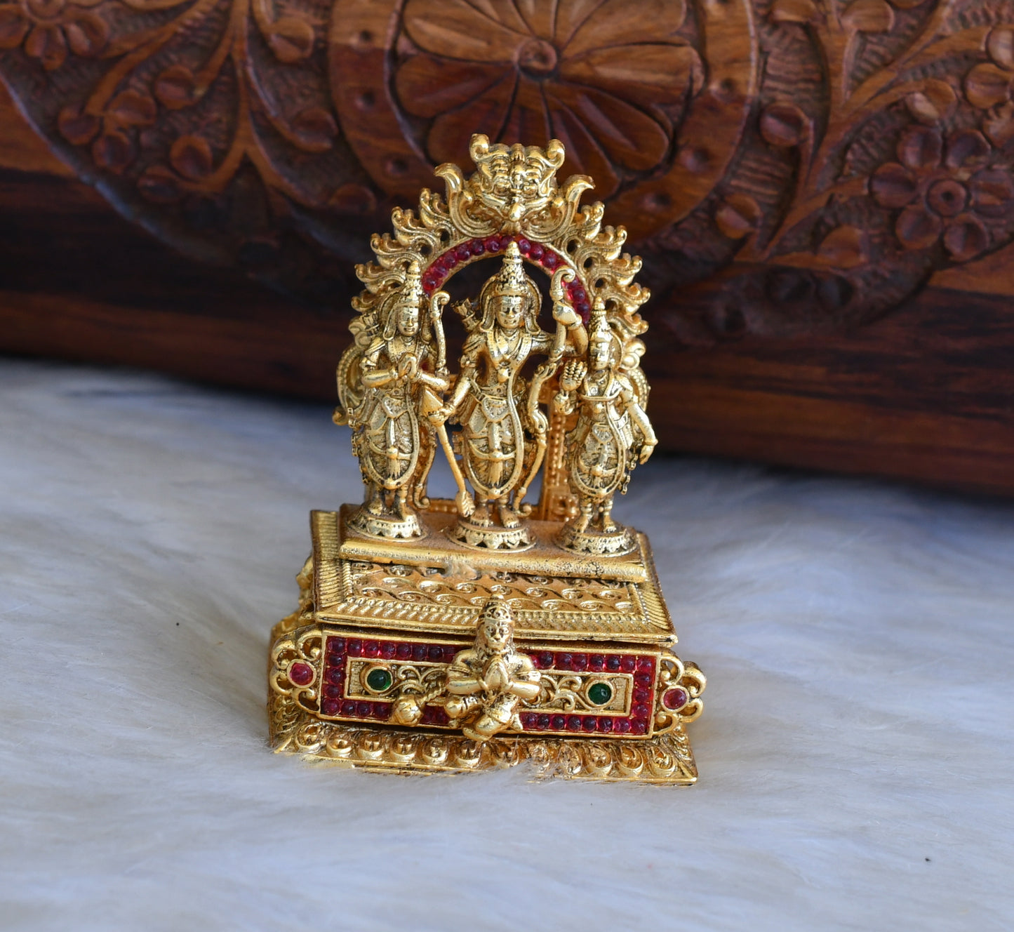 Antique gold tone Ruby-green Ram Parivar Kumkum box dj-42715