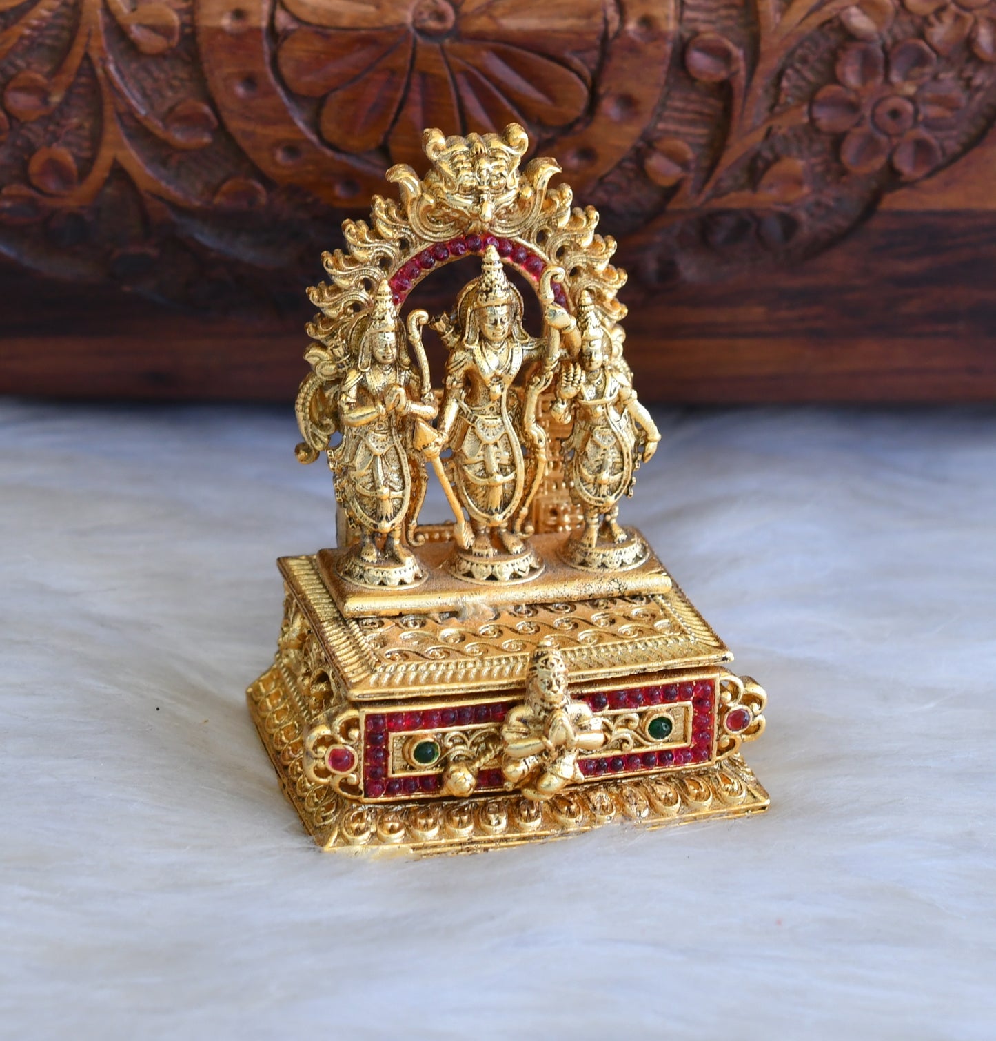 Antique gold tone Ruby-green Ram Parivar Kumkum box dj-42715