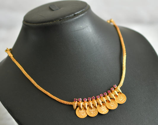 Gold tone kerala style ruby lakshmi coin necklace dj-47470