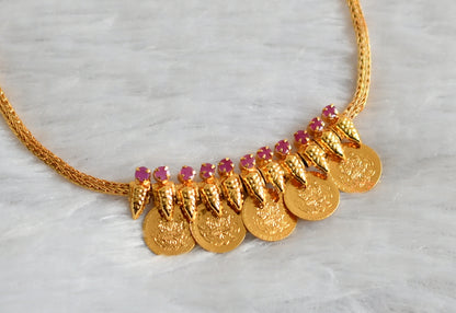 Gold tone kerala style ruby lakshmi coin necklace dj-47470