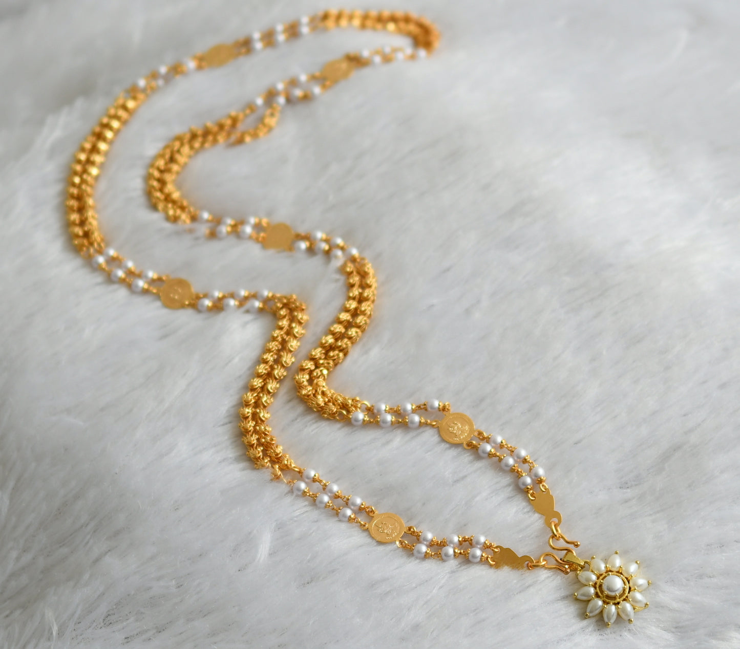 Gold tone 24 inches pearl lakshmi coin double layer chain with flower pendant dj-47459