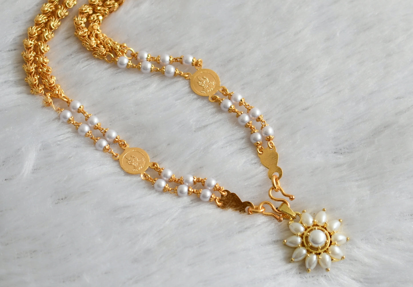 Gold tone 24 inches pearl lakshmi coin double layer chain with flower pendant dj-47459