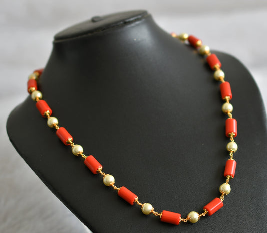 Gold tone 18 inches coral-pearl beaded mala/necklace dj-47455