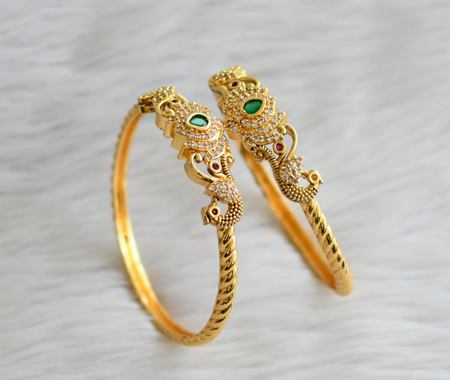 Gold tone ruby-green-white lotus peacock kada/bangles(2.6) dj-45781