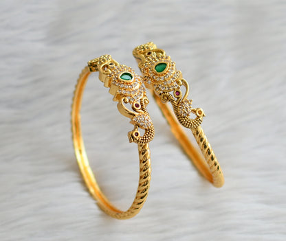 Gold tone ruby-green-white lotus peacock kada/bangles(2.8) dj-45782