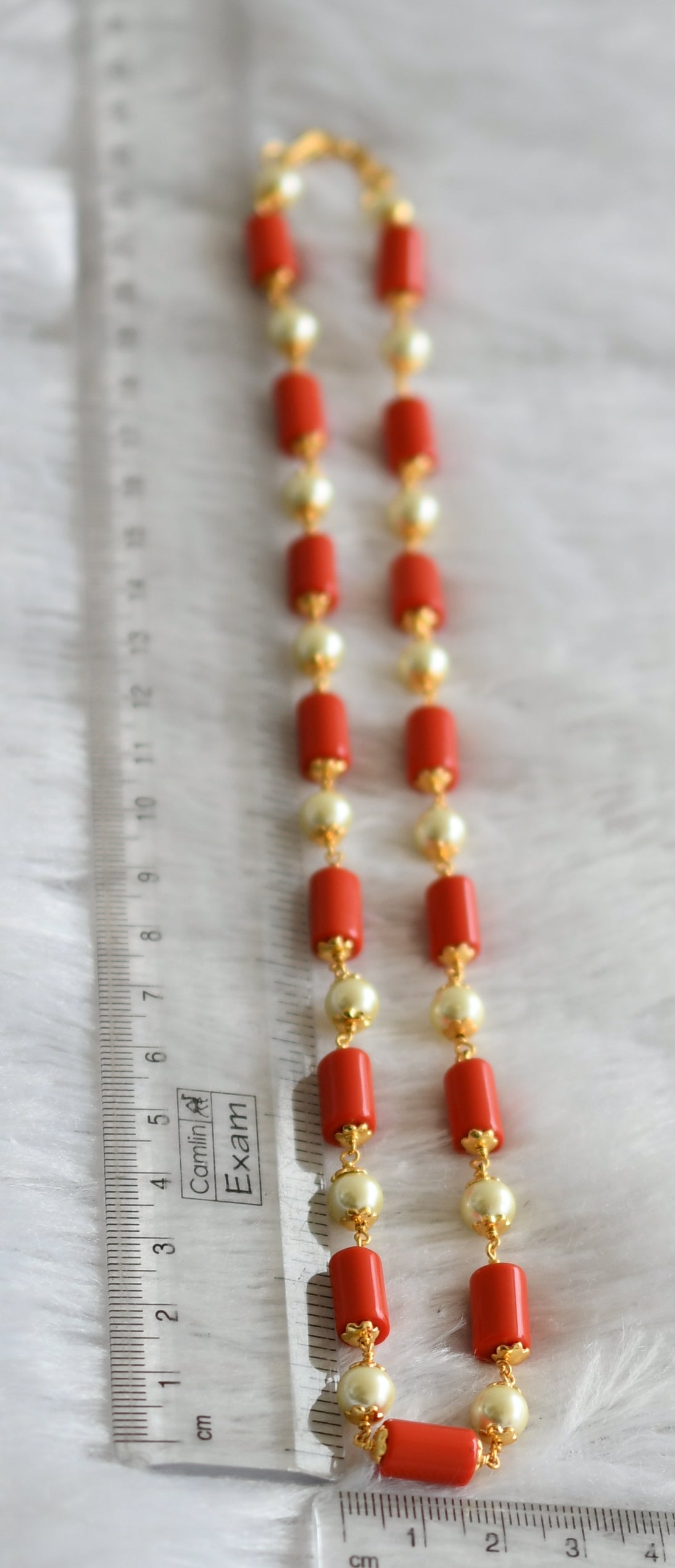 Gold tone 18 inches coral-pearl beaded mala/necklace dj-47455