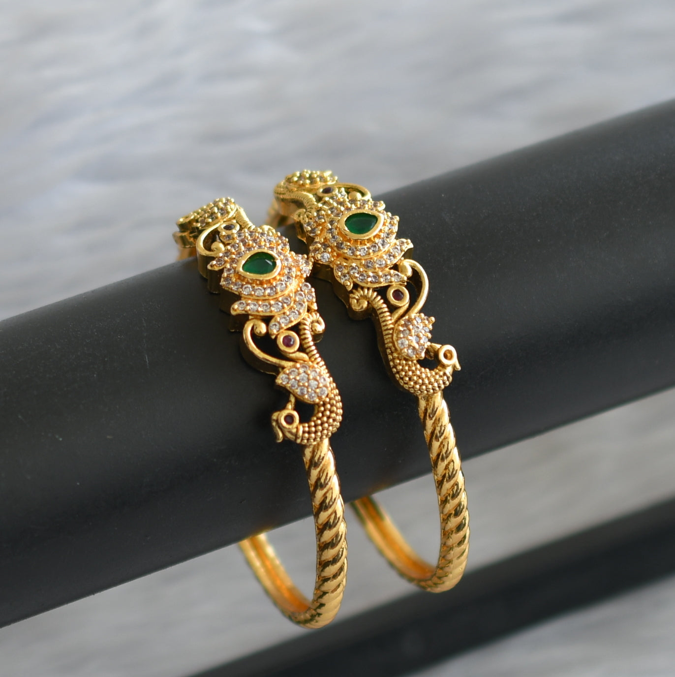 Gold tone ruby-green-white lotus peacock kada/bangles(2.8) dj-45782