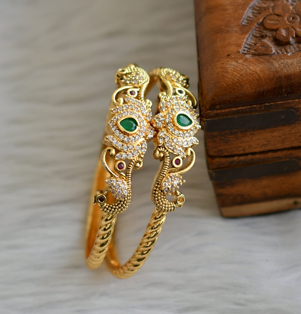 Gold tone ruby-green-white lotus peacock kada/bangles(2.8) dj-45782