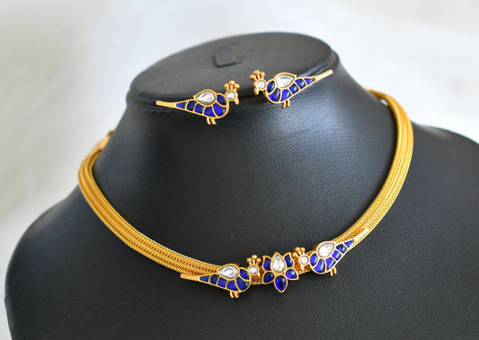 Gold tone blue-white lotus bird kundan jadau necklace set dj44041