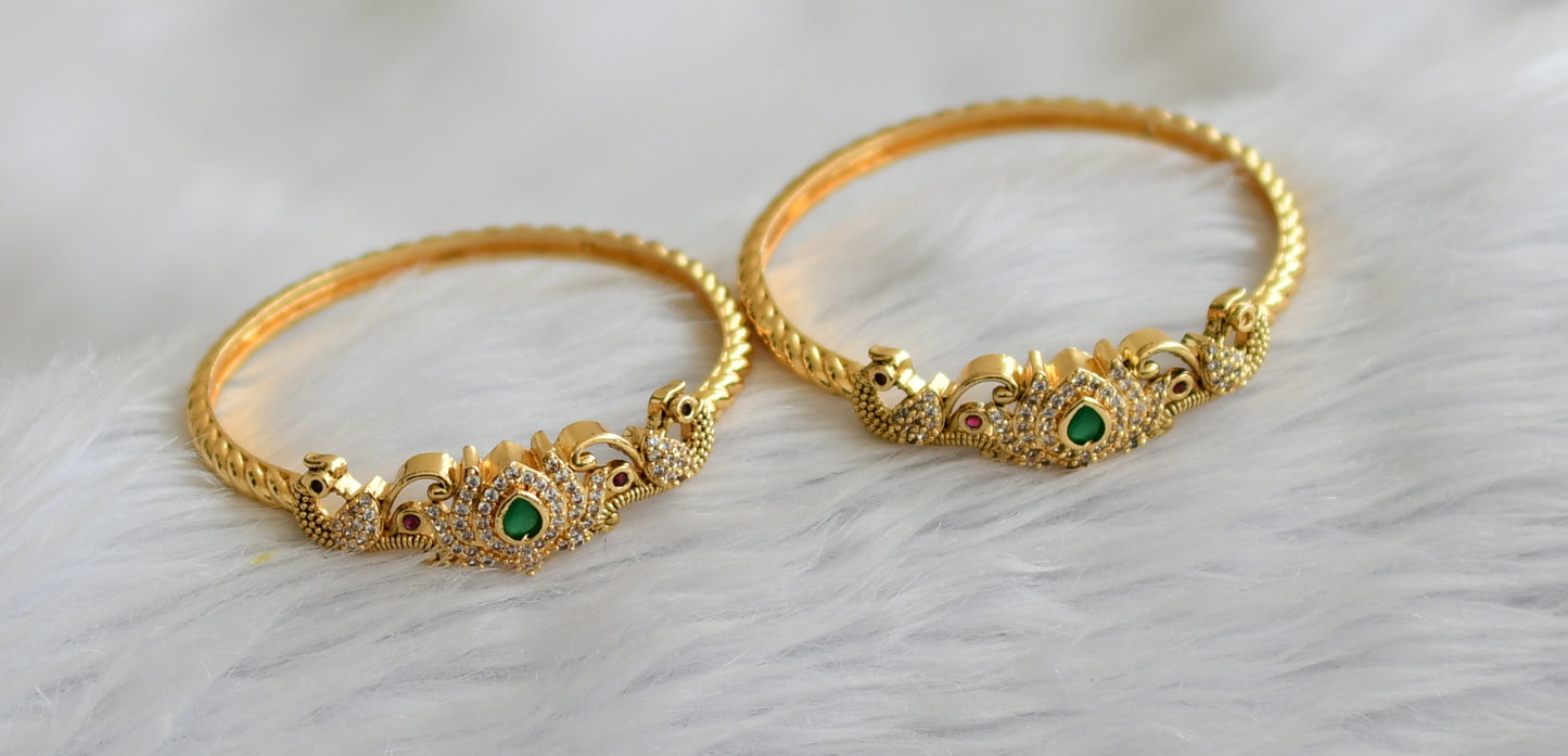 Gold tone ruby-green-white lotus peacock kada/bangles(2.8) dj-45782