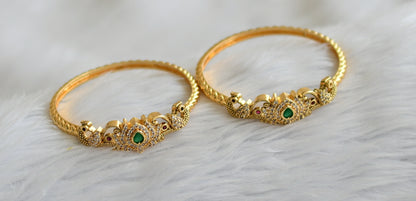 Gold tone ruby-green-white lotus peacock kada/bangles(2.6) dj-45781